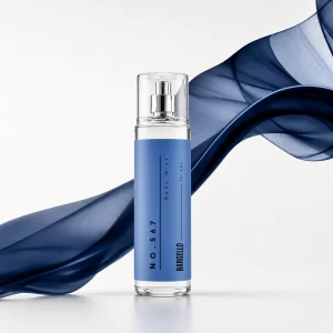 Bargello Body Mist 567 homme dans un flacon bleu, présenté sur des sphères en verre avec un fond bleu clair.