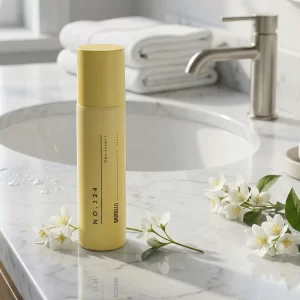 Déodorant 324 pour femme de Bargello inspiré de Good Girl, présenté sur un plan de toilette en marbre avec de petites fleurs blanches dans une ambiance élégante et lumineuse.