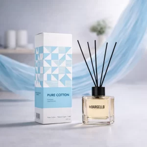 Bargello Pure Cotton parfum d’ambiance 50 ml avec boîte blanche et bleue et diffuseur à bâtonnets noir