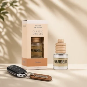 Classic Drivers Bargello parfum voiture woody 8 ml avec flacon en verre, bouchon en bois et coffret beige